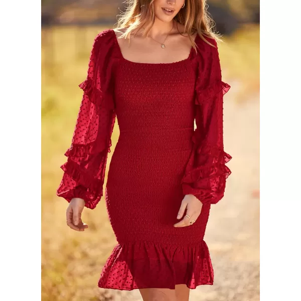 imagePRETTYGARDEN Womens 2023 Fall Smocked Bodycon Mini Dress Long Sleeve Square Neck Swiss Dot Ruffle Mermaid Elegant DressesRed