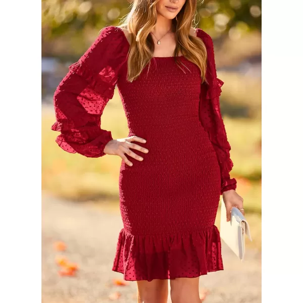 imagePRETTYGARDEN Womens 2023 Fall Smocked Bodycon Mini Dress Long Sleeve Square Neck Swiss Dot Ruffle Mermaid Elegant DressesRed