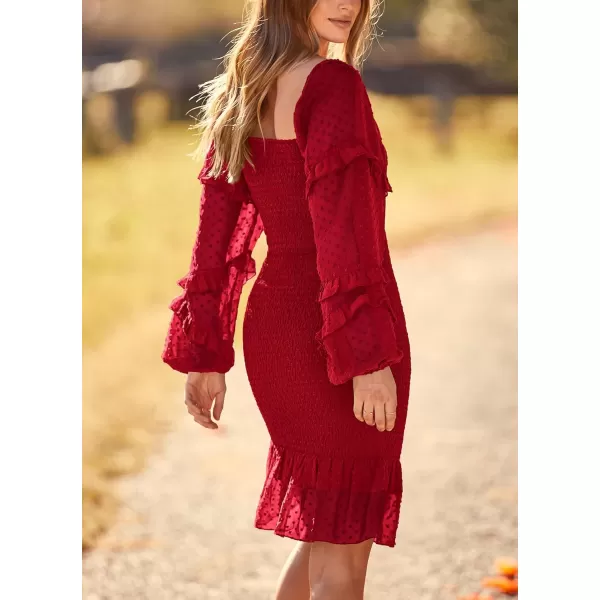 imagePRETTYGARDEN Womens 2023 Fall Smocked Bodycon Mini Dress Long Sleeve Square Neck Swiss Dot Ruffle Mermaid Elegant DressesRed
