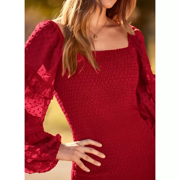imagePRETTYGARDEN Womens 2023 Fall Smocked Bodycon Mini Dress Long Sleeve Square Neck Swiss Dot Ruffle Mermaid Elegant DressesRed