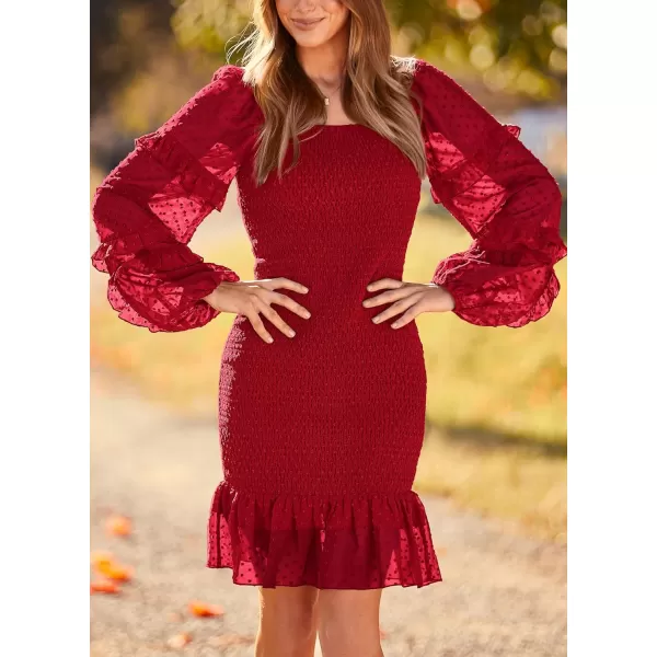 imagePRETTYGARDEN Womens 2023 Fall Smocked Bodycon Mini Dress Long Sleeve Square Neck Swiss Dot Ruffle Mermaid Elegant DressesRed