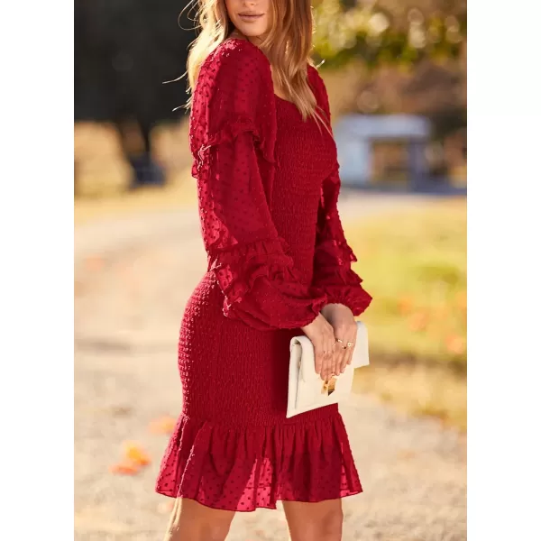imagePRETTYGARDEN Womens 2023 Fall Smocked Bodycon Mini Dress Long Sleeve Square Neck Swiss Dot Ruffle Mermaid Elegant DressesRed