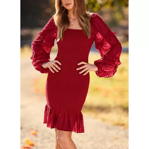 imagePRETTYGARDEN Womens 2023 Fall Smocked Bodycon Mini Dress Long Sleeve Square Neck Swiss Dot Ruffle Mermaid Elegant DressesRed