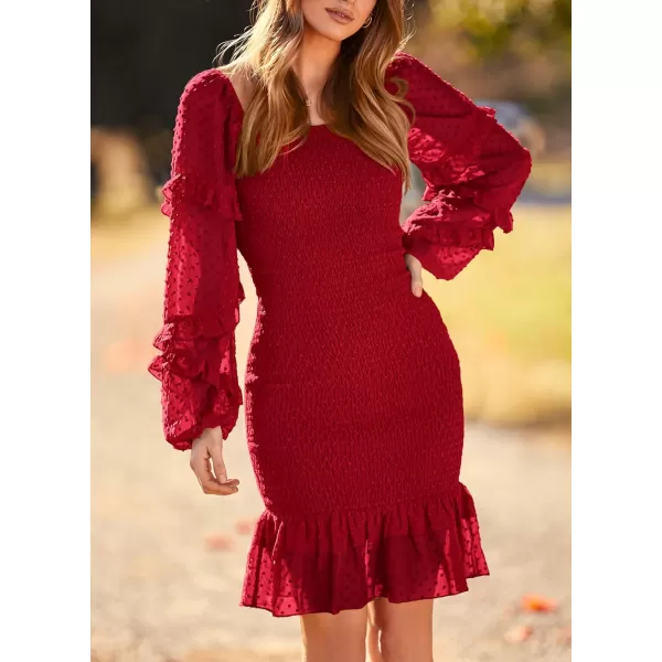 imagePRETTYGARDEN Womens 2023 Fall Smocked Bodycon Mini Dress Long Sleeve Square Neck Swiss Dot Ruffle Mermaid Elegant DressesRed