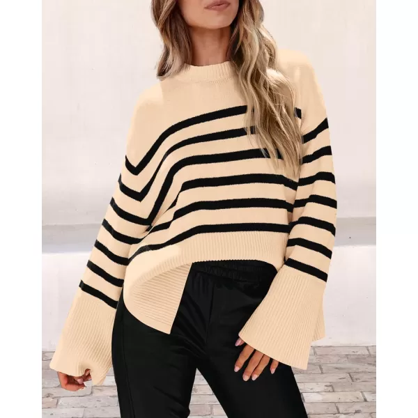 imagePRETTYGARDEN Womens 2023 Fall Striped Sweater Oversized Long Sleeve Crew Neck Side Slit Casual Trendy Knit Pullover SweatersBeige