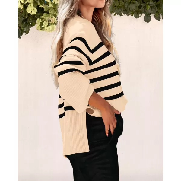 imagePRETTYGARDEN Womens 2023 Fall Striped Sweater Oversized Long Sleeve Crew Neck Side Slit Casual Trendy Knit Pullover SweatersBeige