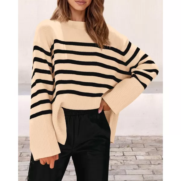 imagePRETTYGARDEN Womens 2023 Fall Striped Sweater Oversized Long Sleeve Crew Neck Side Slit Casual Trendy Knit Pullover SweatersBeige