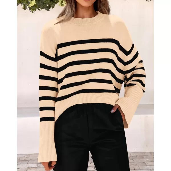 imagePRETTYGARDEN Womens 2023 Fall Striped Sweater Oversized Long Sleeve Crew Neck Side Slit Casual Trendy Knit Pullover SweatersBeige