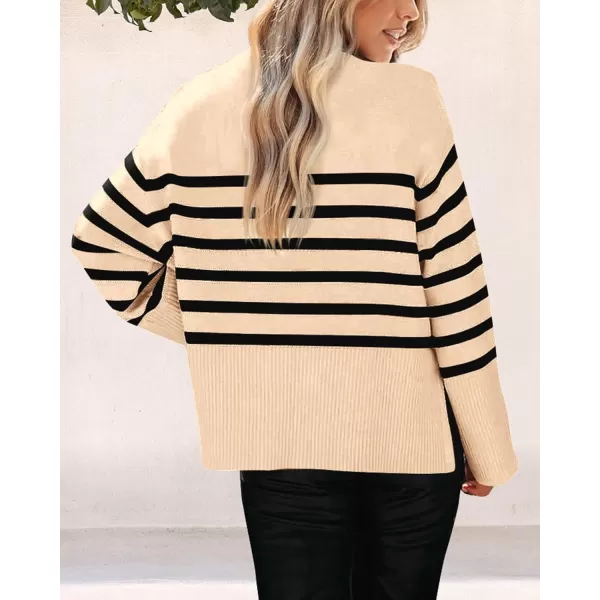 imagePRETTYGARDEN Womens 2023 Fall Striped Sweater Oversized Long Sleeve Crew Neck Side Slit Casual Trendy Knit Pullover SweatersBeige