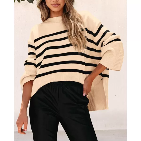 imagePRETTYGARDEN Womens 2023 Fall Striped Sweater Oversized Long Sleeve Crew Neck Side Slit Casual Trendy Knit Pullover SweatersBeige
