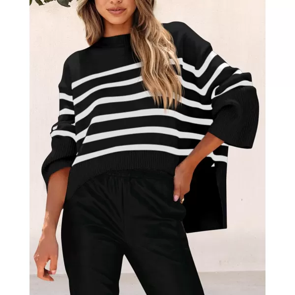 imagePRETTYGARDEN Womens 2023 Fall Striped Sweater Oversized Long Sleeve Crew Neck Side Slit Casual Trendy Knit Pullover SweatersBlack