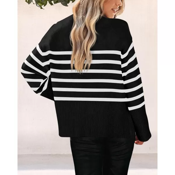 imagePRETTYGARDEN Womens 2023 Fall Striped Sweater Oversized Long Sleeve Crew Neck Side Slit Casual Trendy Knit Pullover SweatersBlack
