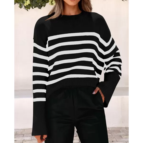 imagePRETTYGARDEN Womens 2023 Fall Striped Sweater Oversized Long Sleeve Crew Neck Side Slit Casual Trendy Knit Pullover SweatersBlack