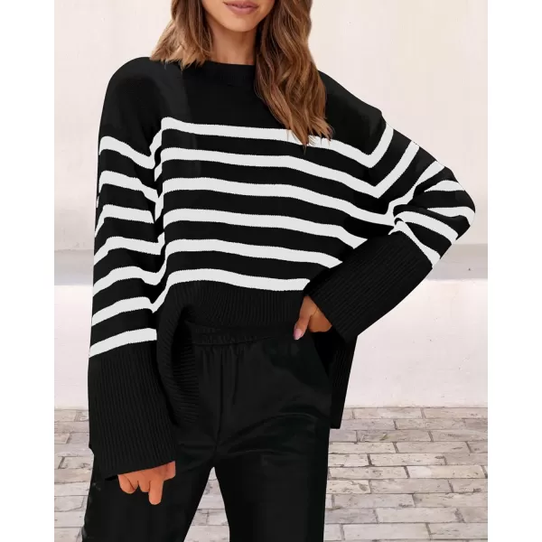 imagePRETTYGARDEN Womens 2023 Fall Striped Sweater Oversized Long Sleeve Crew Neck Side Slit Casual Trendy Knit Pullover SweatersBlack