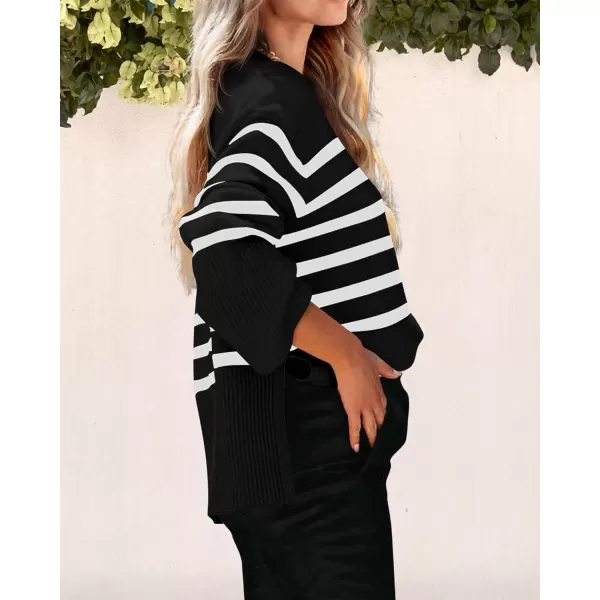 imagePRETTYGARDEN Womens 2023 Fall Striped Sweater Oversized Long Sleeve Crew Neck Side Slit Casual Trendy Knit Pullover SweatersBlack