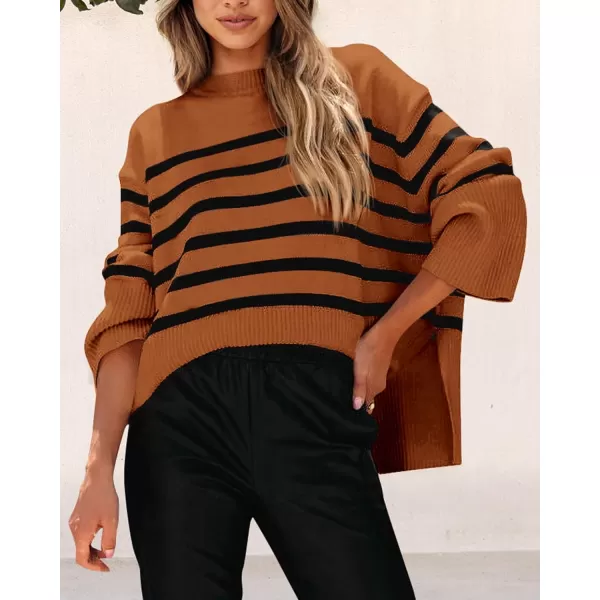 imagePRETTYGARDEN Womens 2023 Fall Striped Sweater Oversized Long Sleeve Crew Neck Side Slit Casual Trendy Knit Pullover SweatersBrown