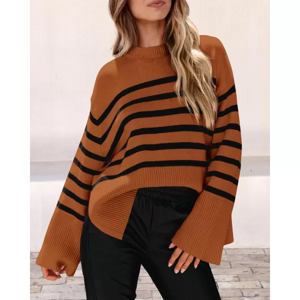 imagePRETTYGARDEN Womens 2023 Fall Striped Sweater Oversized Long Sleeve Crew Neck Side Slit Casual Trendy Knit Pullover SweatersBrown
