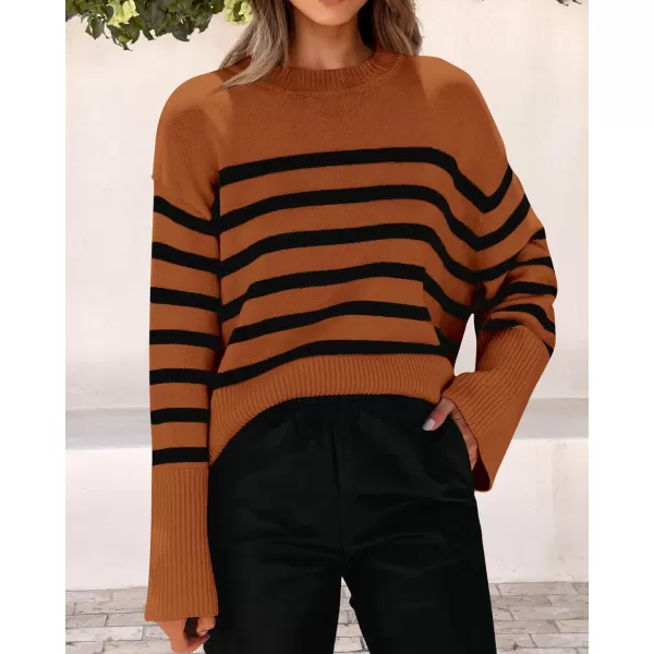 imagePRETTYGARDEN Womens 2023 Fall Striped Sweater Oversized Long Sleeve Crew Neck Side Slit Casual Trendy Knit Pullover SweatersBrown
