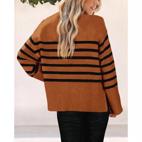 imagePRETTYGARDEN Womens 2023 Fall Striped Sweater Oversized Long Sleeve Crew Neck Side Slit Casual Trendy Knit Pullover SweatersBrown