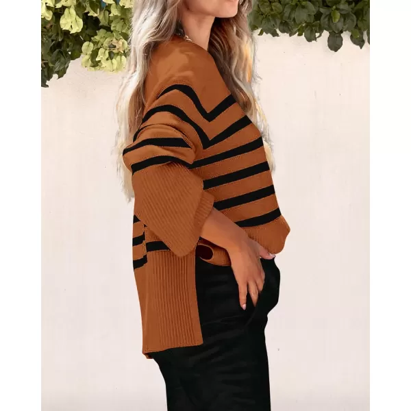 imagePRETTYGARDEN Womens 2023 Fall Striped Sweater Oversized Long Sleeve Crew Neck Side Slit Casual Trendy Knit Pullover SweatersBrown