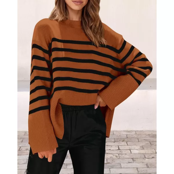 imagePRETTYGARDEN Womens 2023 Fall Striped Sweater Oversized Long Sleeve Crew Neck Side Slit Casual Trendy Knit Pullover SweatersBrown