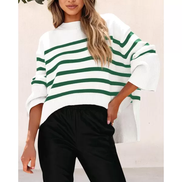 imagePRETTYGARDEN Womens 2023 Fall Striped Sweater Oversized Long Sleeve Crew Neck Side Slit Casual Trendy Knit Pullover SweatersGreen