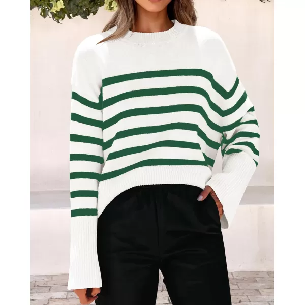 imagePRETTYGARDEN Womens 2023 Fall Striped Sweater Oversized Long Sleeve Crew Neck Side Slit Casual Trendy Knit Pullover SweatersGreen