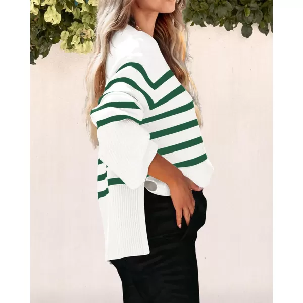 imagePRETTYGARDEN Womens 2023 Fall Striped Sweater Oversized Long Sleeve Crew Neck Side Slit Casual Trendy Knit Pullover SweatersGreen