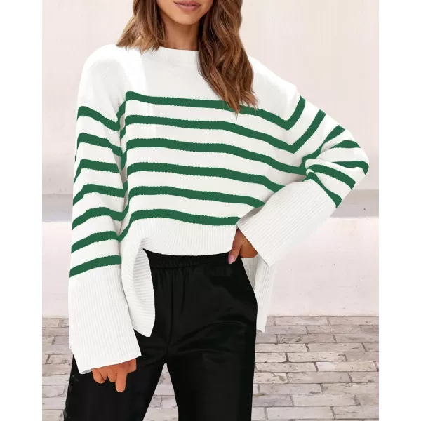imagePRETTYGARDEN Womens 2023 Fall Striped Sweater Oversized Long Sleeve Crew Neck Side Slit Casual Trendy Knit Pullover SweatersGreen