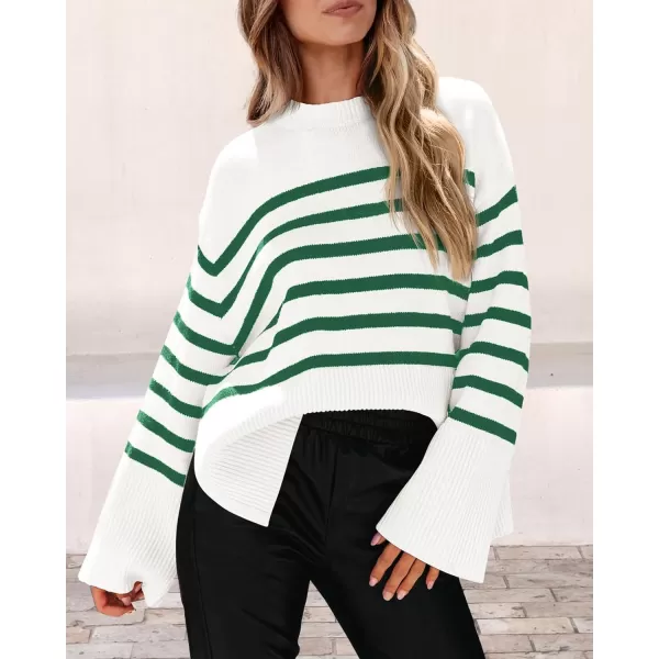 imagePRETTYGARDEN Womens 2023 Fall Striped Sweater Oversized Long Sleeve Crew Neck Side Slit Casual Trendy Knit Pullover SweatersGreen