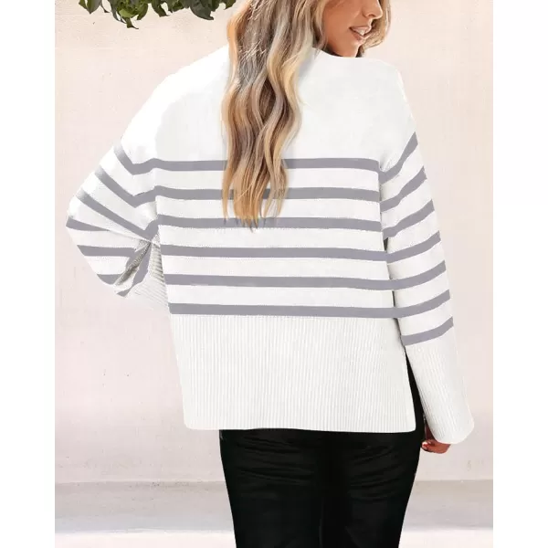 imagePRETTYGARDEN Womens 2023 Fall Striped Sweater Oversized Long Sleeve Crew Neck Side Slit Casual Trendy Knit Pullover SweatersGrey