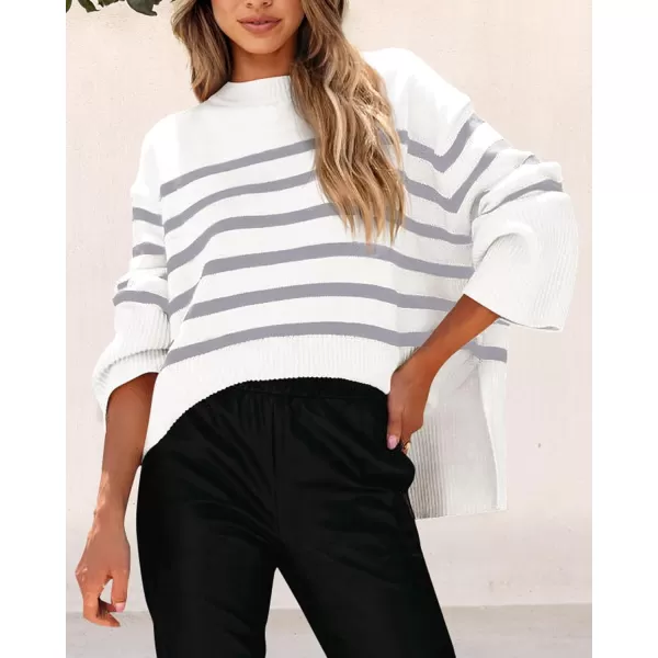 imagePRETTYGARDEN Womens 2023 Fall Striped Sweater Oversized Long Sleeve Crew Neck Side Slit Casual Trendy Knit Pullover SweatersGrey