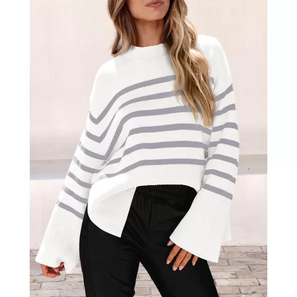 imagePRETTYGARDEN Womens 2023 Fall Striped Sweater Oversized Long Sleeve Crew Neck Side Slit Casual Trendy Knit Pullover SweatersGrey