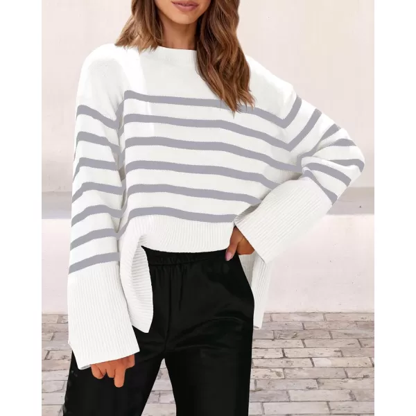 imagePRETTYGARDEN Womens 2023 Fall Striped Sweater Oversized Long Sleeve Crew Neck Side Slit Casual Trendy Knit Pullover SweatersGrey