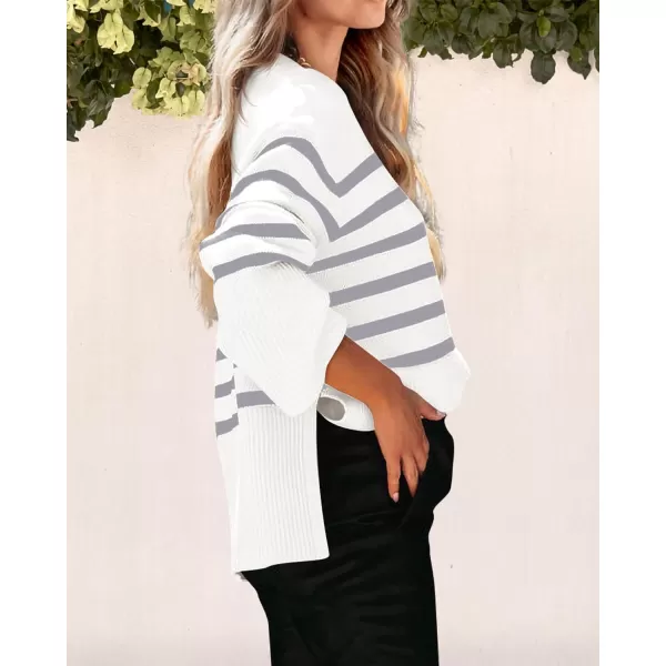 imagePRETTYGARDEN Womens 2023 Fall Striped Sweater Oversized Long Sleeve Crew Neck Side Slit Casual Trendy Knit Pullover SweatersGrey