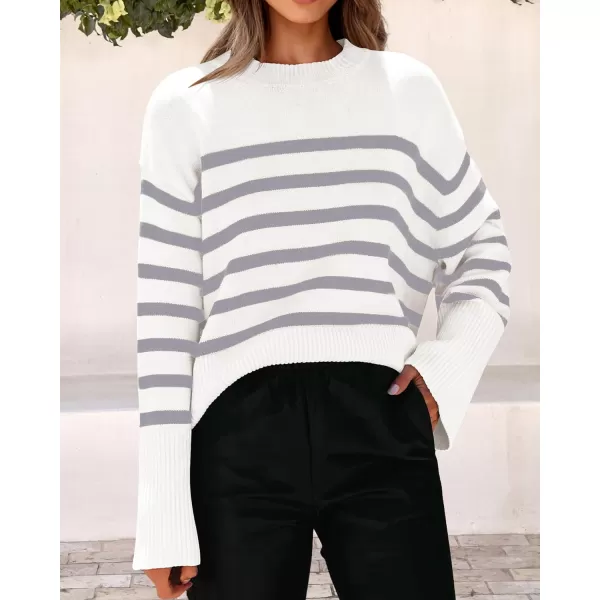 imagePRETTYGARDEN Womens 2023 Fall Striped Sweater Oversized Long Sleeve Crew Neck Side Slit Casual Trendy Knit Pullover SweatersGrey