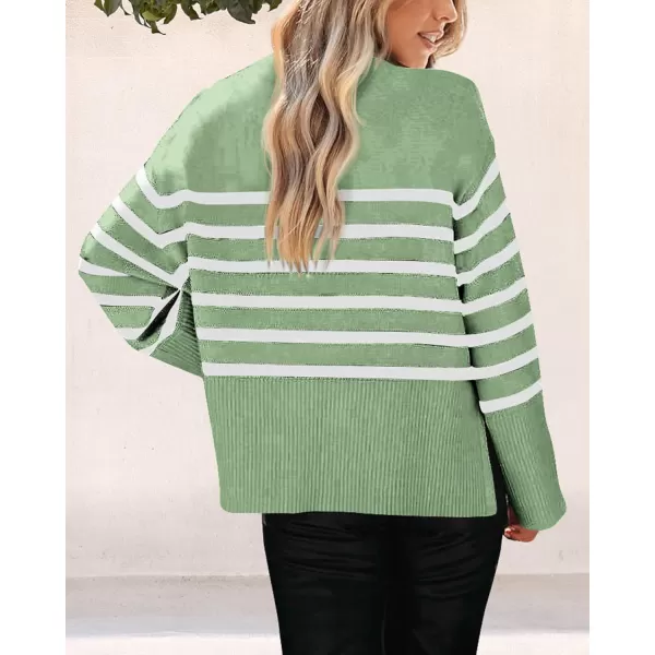 imagePRETTYGARDEN Womens 2023 Fall Striped Sweater Oversized Long Sleeve Crew Neck Side Slit Casual Trendy Knit Pullover SweatersLight Green