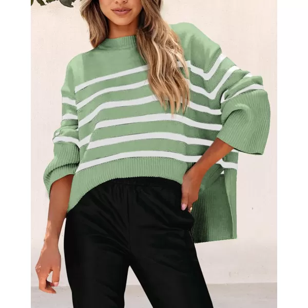 imagePRETTYGARDEN Womens 2023 Fall Striped Sweater Oversized Long Sleeve Crew Neck Side Slit Casual Trendy Knit Pullover SweatersLight Green