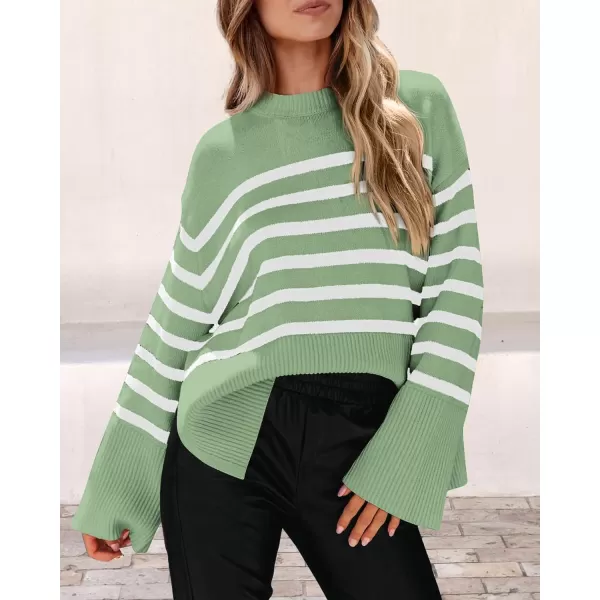 imagePRETTYGARDEN Womens 2023 Fall Striped Sweater Oversized Long Sleeve Crew Neck Side Slit Casual Trendy Knit Pullover SweatersLight Green