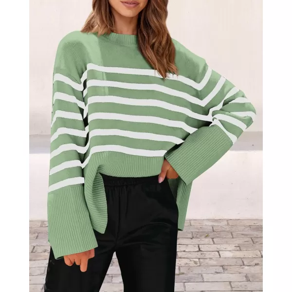 imagePRETTYGARDEN Womens 2023 Fall Striped Sweater Oversized Long Sleeve Crew Neck Side Slit Casual Trendy Knit Pullover SweatersLight Green