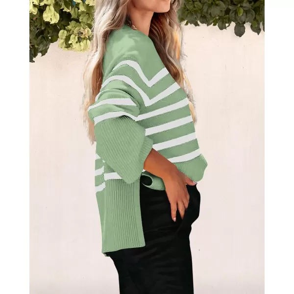 imagePRETTYGARDEN Womens 2023 Fall Striped Sweater Oversized Long Sleeve Crew Neck Side Slit Casual Trendy Knit Pullover SweatersLight Green