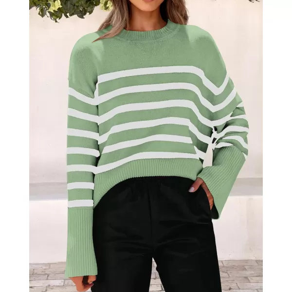 imagePRETTYGARDEN Womens 2023 Fall Striped Sweater Oversized Long Sleeve Crew Neck Side Slit Casual Trendy Knit Pullover SweatersLight Green