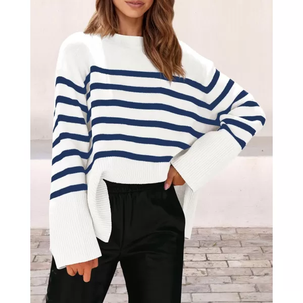 imagePRETTYGARDEN Womens 2023 Fall Striped Sweater Oversized Long Sleeve Crew Neck Side Slit Casual Trendy Knit Pullover SweatersNavy
