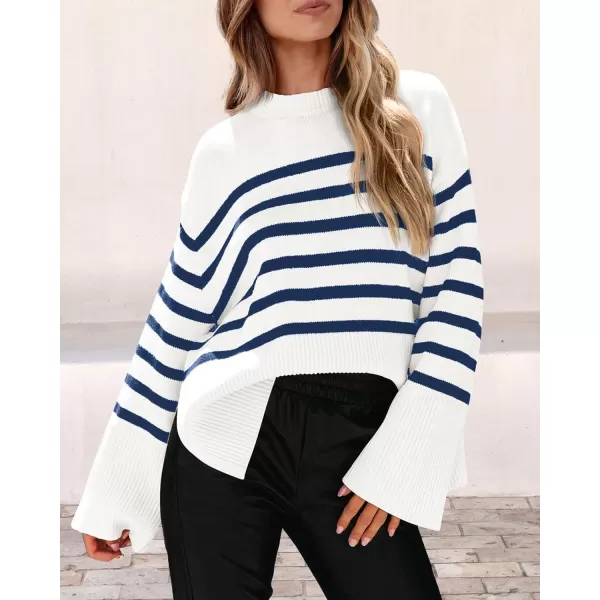 imagePRETTYGARDEN Womens 2023 Fall Striped Sweater Oversized Long Sleeve Crew Neck Side Slit Casual Trendy Knit Pullover SweatersNavy
