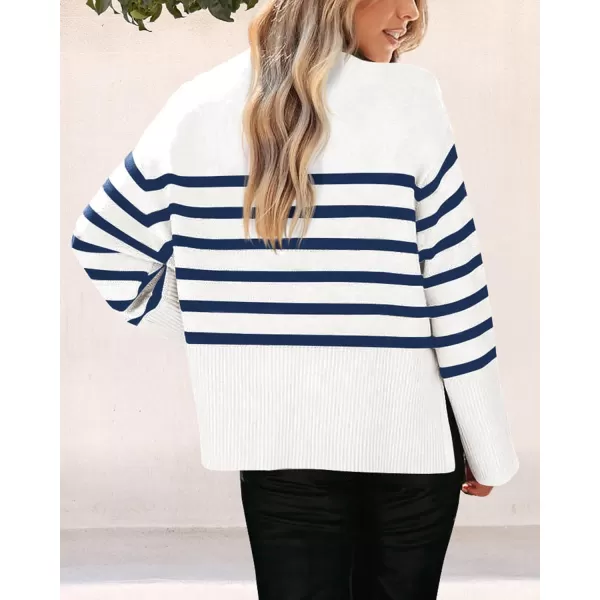 imagePRETTYGARDEN Womens 2023 Fall Striped Sweater Oversized Long Sleeve Crew Neck Side Slit Casual Trendy Knit Pullover SweatersNavy