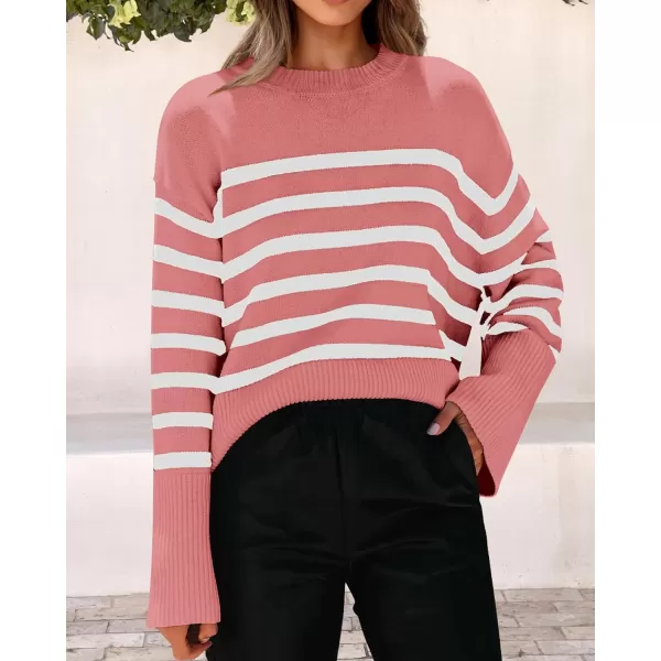 imagePRETTYGARDEN Womens 2023 Fall Striped Sweater Oversized Long Sleeve Crew Neck Side Slit Casual Trendy Knit Pullover SweatersPink