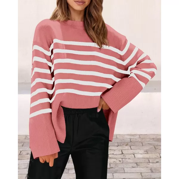 imagePRETTYGARDEN Womens 2023 Fall Striped Sweater Oversized Long Sleeve Crew Neck Side Slit Casual Trendy Knit Pullover SweatersPink