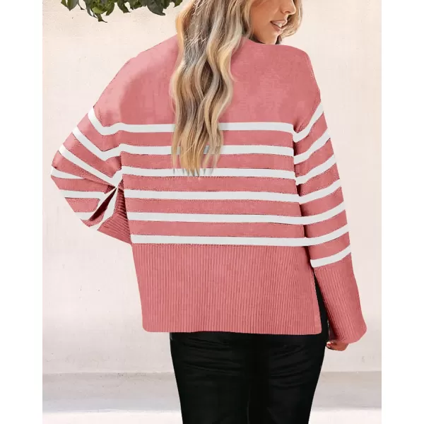 imagePRETTYGARDEN Womens 2023 Fall Striped Sweater Oversized Long Sleeve Crew Neck Side Slit Casual Trendy Knit Pullover SweatersPink