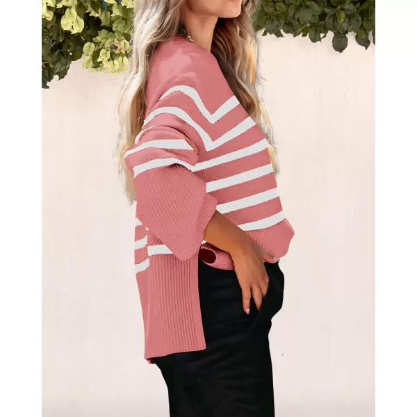 imagePRETTYGARDEN Womens 2023 Fall Striped Sweater Oversized Long Sleeve Crew Neck Side Slit Casual Trendy Knit Pullover SweatersPink
