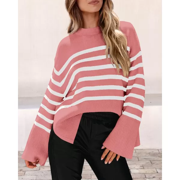 imagePRETTYGARDEN Womens 2023 Fall Striped Sweater Oversized Long Sleeve Crew Neck Side Slit Casual Trendy Knit Pullover SweatersPink